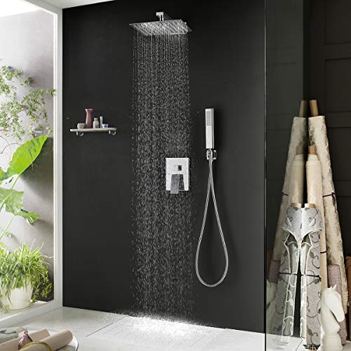 IRIBER Rain Shower System with 10 Inch 2mm Ultra Thin Shower Head and Handheld Combo Set, Shower Faucet Mixer Valve Included Modern Rainfall Shower Sets for Bathroom, Chrome Finish