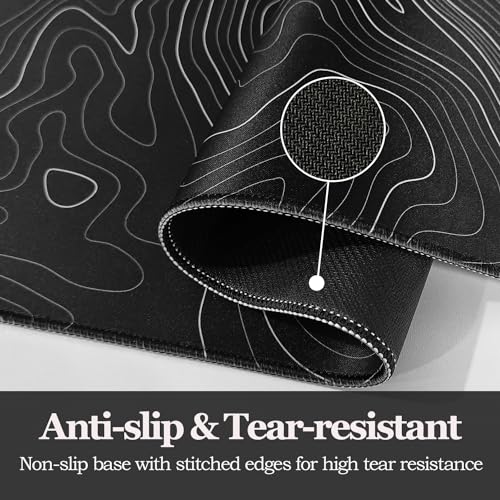 Niviy Mouse Mat XXL 900 x 400 mm Ergonomic Desk Mat for Office/Home, Non-Slip Rubber Base, Stitched Edges, Black Topographic Contour