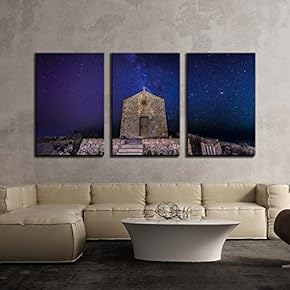 3 Piece Canvas Wall Art - Spectacular Night View with Milk Way Over The Church - Modern Home Art Stretched and Framed Ready to Hang - 16"x24"x3 Panels