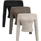 OYOANGLE Women's 3 Pack Long Sleeve Off The Shoulder Tops Ruched Slim Fitted Going Out Tops