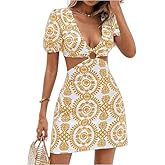 SISKIN Summer Dresses for Women 2025 Vacation,Sexy Bodycon Cut Out Short Puff Sleeve Tie Back Dress for Women Orange M