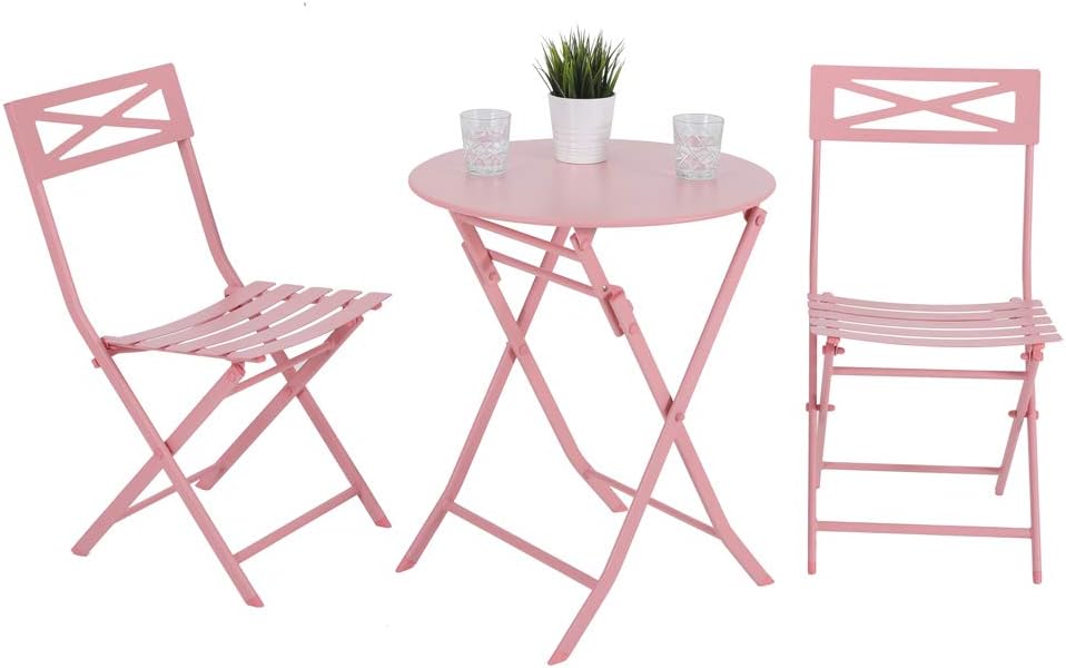 PHI VILLA 3 Piece Pink Patio Steel Folding Table and Chairs