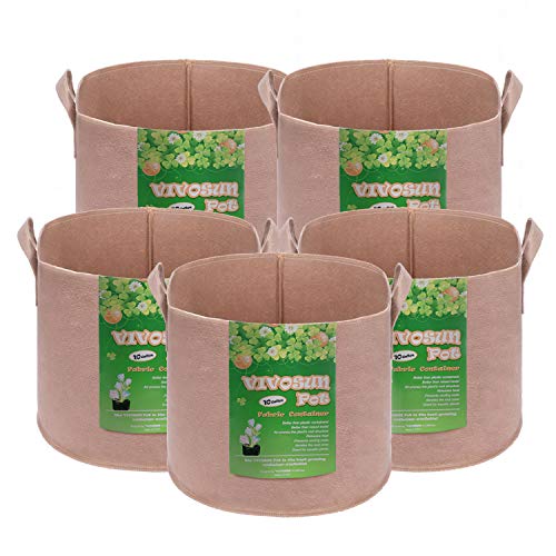 VIVOSUN 5-Pack 10 Gallons Heavy Duty Thickened Nonwoven Fabric Pots Grow Bags with Strap Handles Tan