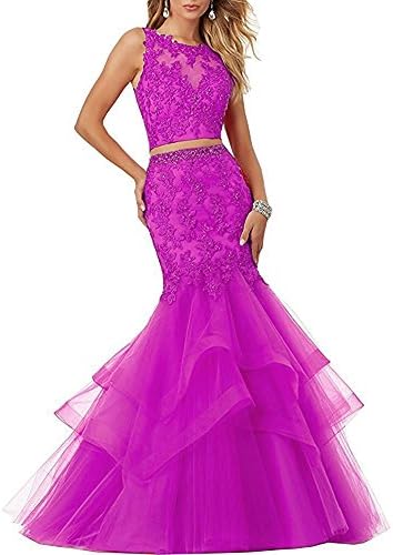 Sweet Bridal Women's Two Pieces Jewel Neck Lace Applique Beaded Mermaid Prom Dress Fuschia US12