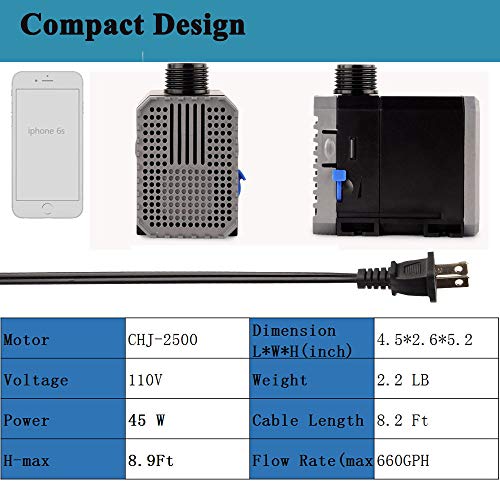 YCTECH 45W 660 GPH Submersible Pump for Aquarium, Fish Tank, Pond, Fountains, Statuary, Hydroponics Aquaponics