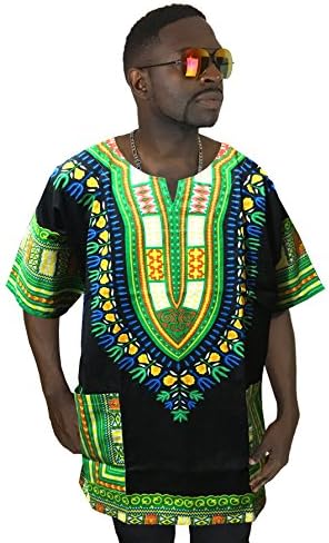 Vipada's Dashiki Shirt African Top Men's Dashiki Black and Green XL