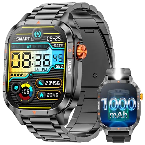 Military Smart Watches for Men, 2.01'' Smart Watch with 1000mAh Battery/Flashlight,Answer/Make Calls Smart Watch for Android and iPhone with SpO2/Heart Rate/Sleep/100+ Sport Modes, Fitness Tracker