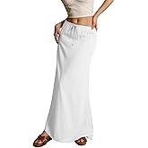 INVACHI Linen Flared Maxi Long Skirts for Women Trendy Elastic Waist Drawstring Casual Skirts