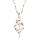 Vinoya 925 Sterling Silver Freshwater Cultured Pearl Pendant Necklace for Women White/Yellow/Rose Gold Plated infinity Cubic Zirconia Single Pearl Necklace