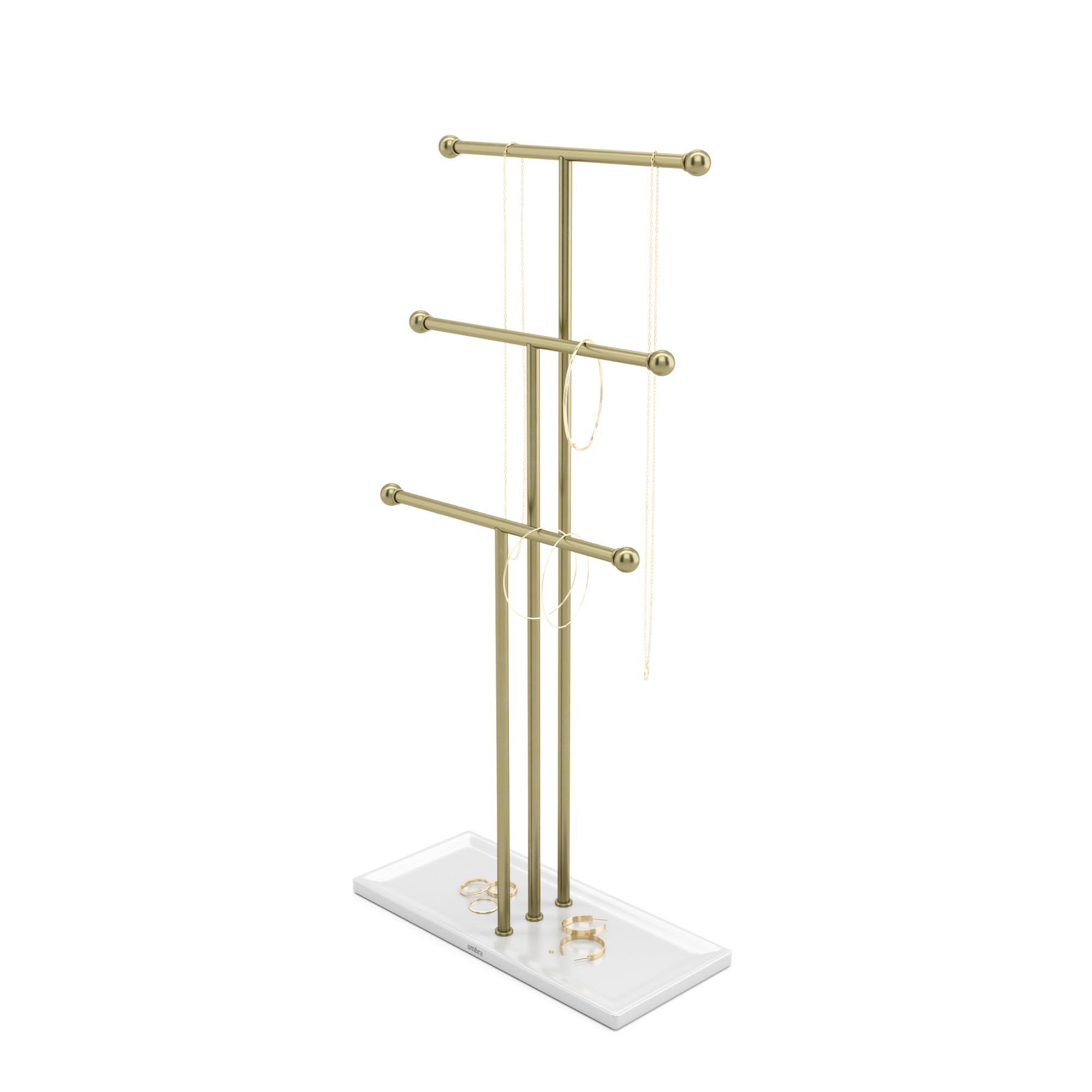 Umbra Trigem Hanging Jewelry Organizer Tiered Tabletop Free Standing Necklace Holder Display, White/Gold