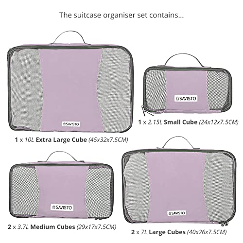 Savisto Packing Cubes - Small, Medium, Large, XL (6-Piece Set) - 7 Colours (1x XL / 2x L / 2x M / 1x S, Pastel Lavender)
