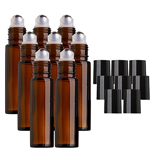 Sinide 8 Pack Amber Glass Roller Bottles 10ml [1/3oz] with Stainless Steel Metal Ball, Essential Oil Roll on Bottle for Essential Oil, Aromatherapy Perfume. Roller Ball Bottle for Liquid (Amber 8)