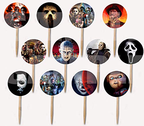 Horror Movie Icons Cupcake Picks Cake Toppers -12 pcs, Halloween Film Jason Freddy Krueger Leatherface Michael Myers Chucky Pinhead Screamer Ghost Face