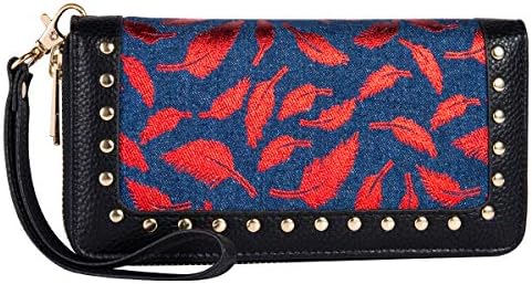 Women Wallet Double Zip Around Wristlet with Perforated Stud Clearance
