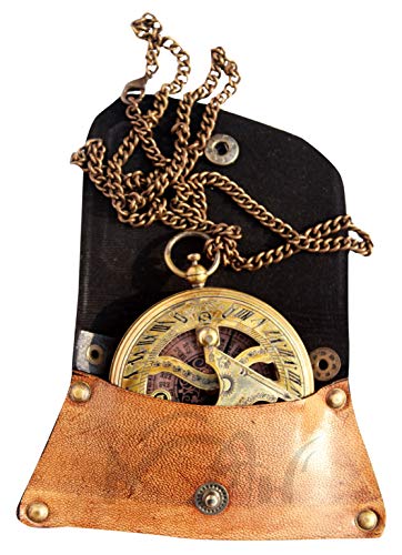 MAH Brass Sundial Compass with Leather Case and Necklace Chain - Push Open Compass - Steampunk Accessory - Antiquated Finish - Beautiful Handmade Gift -Sundial Clock C-3047