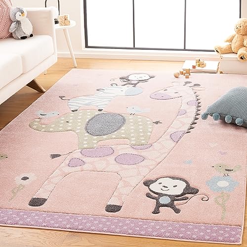 SAFAVIEH Carousel Kids Collection Area Rug - 6'7" Square, Blush Pink, Animal De…