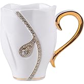 Rhinestone Coffee Mug Ceramic Water Cup for Office and Home Unique Coffee Cup Pretty Ceramic Coffee Mugs with Spoon for Women(White)