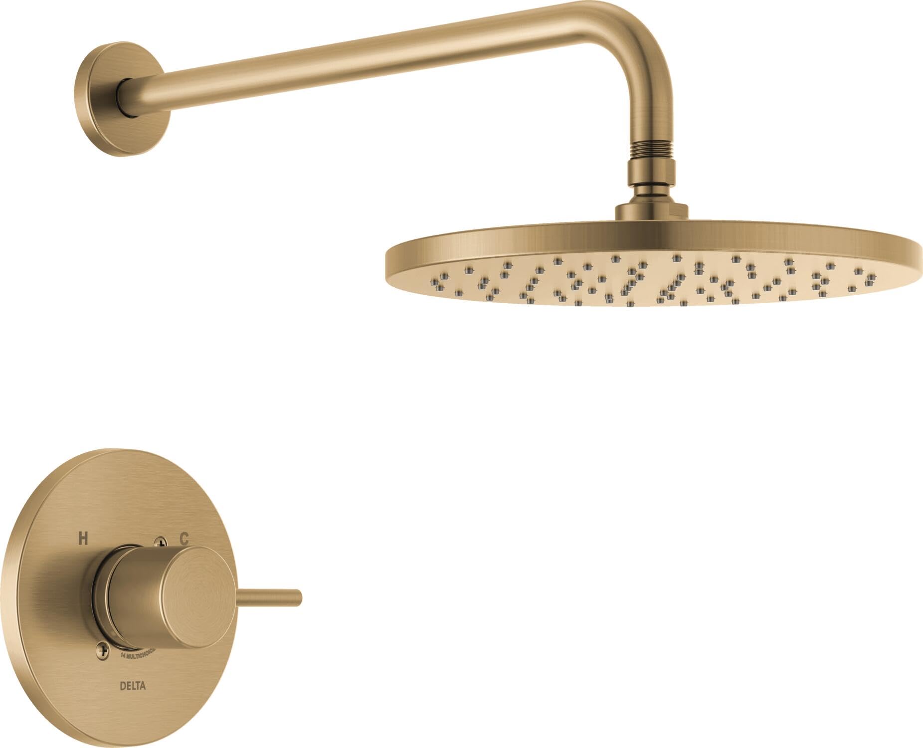Photo 1 of Delta Modern 14 Series Round Rain Shower Faucet Set, Brushed Gold Shower Head and Handle Set, Valve Trim Kit, Champagne Bronze T14269-CZ-PP (Valve Not Included)