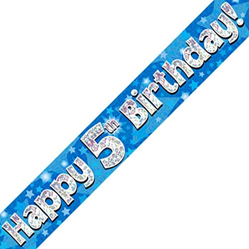 British Ballet® 5th Birthday Banner (2.7m x 13cm) • Holographic Party Decor • Age 5 Foil Pennant • 3 x 90cm Banners • Indoor & Outdoor Use • Blue Birthday Banner for Kids Boys & Girls