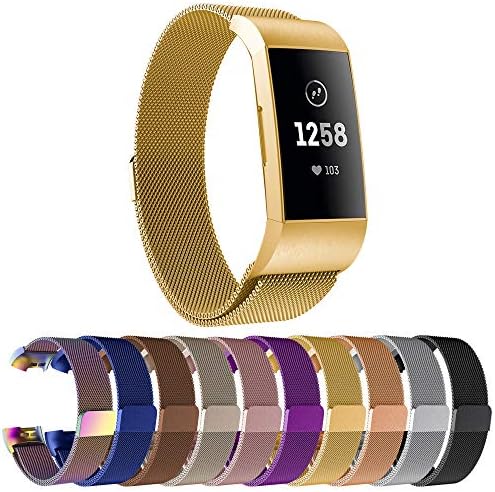 Replacement Compatible Fitbit Charge 3 Bands /Charge3 SE Metal Bands Wristband Accessory Magnetic Breathable Sport Bracelet Strap Small & Large for Women Men Silver Black 10 Colors JOY001