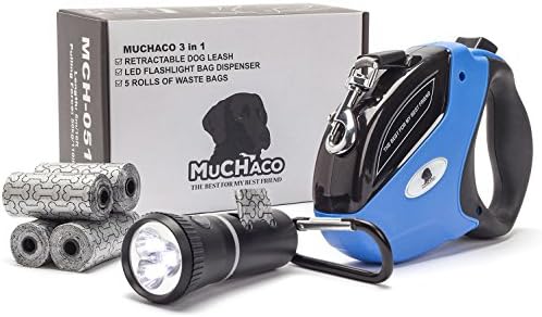 MUCHACO Retractable Dog Leash + LED Flashlight/Bag Dispenser + 5 Rolls Of Bags | 16 ft Leash For Walking Small, Medium &amp; Large Dogs Up To 110 lbs | Secure, Tangle-Free, One Button Break &amp; Lock Handle
