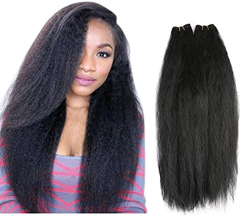 Yaki Straight Hair Weave Synthetic Human Hair Extensions 4 Bundles with Closure Natural Color ( 16" 16" 18" 18" With 16")