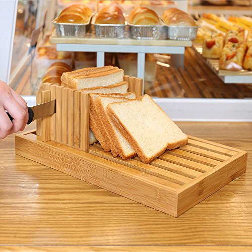 Bamboo Manual Adjustable Foldable Bread Machine Bread Slicer For Homemade Bread With Crumb Catcher Tray AND Eliminating The Generation Of Wood Chips By ISINO - Thumbnail 6