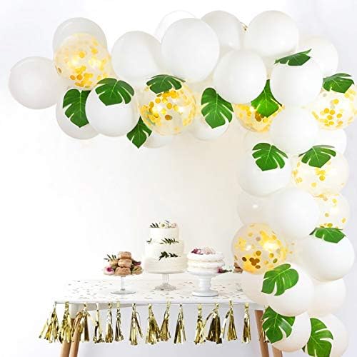 White Gold Confetti Balloons Arch, 12 Inch 40pcs Latex Balloons with 12pcs Palm Leaves 16 FT Balloon Strip Set for Baby Shower Bachelorette Party Supplies Backdrop Wedding Decorations