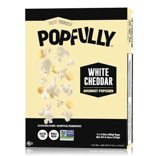 POPFULLY WHITE CHEDDAR POPCORN FULLY POPS, SHARING BAGS, SHARP CHEESE FLAVOR, BIG POP, MICRO POPCORN BAGS, 3-PACK