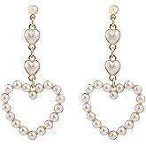 WCRAZYE Pearl Heart Earrings for Women Girls Dainty Handmade Gold Pearl Red Diamond Love Heart Shape Dangling Drop Tassel Earrings Gift Valentine's Day Christmas
