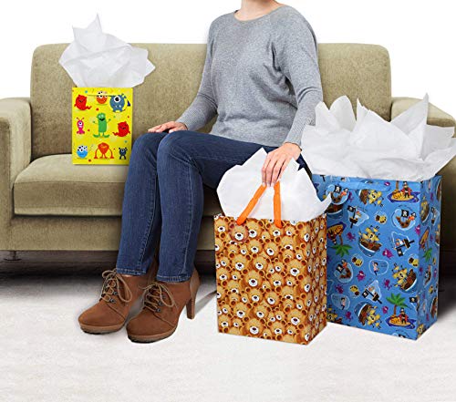Fzopo Kids Birthday Gift Bag Assortment, Heavy Duty Paper Gift Bags, Red, Blue, Purple, Yellow, Brown (Pack of 12 Small, Medium, Extra Large Bags for Birthdays, Kid Party, Children's Day) - Thumbnail 2