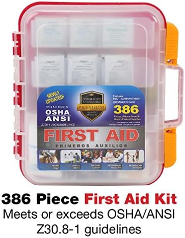 386 Piece First Aid Kit with Hard Red Case Exceeds OSHA &amp; ANSI Standards, Mounts on Wall, 2 Levels of Supplies, Multiple Compartments, Includes Big Variety of Bandages, Alcohol Pads &amp; Hundreds More