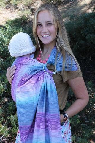 Baby Tula 100% Cotton Ring Sling Baby Carrier, Ergonomic, Adjustable, Front and Hip Carry for 8 – 35 pounds –Aurora Galileo (Purple and Blue Stripes), L/XL