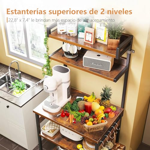LOKOOY Alacena de Almacenamiento de 5 Niveles, Estante de Cocina con Enchufes y 5 Ganchos，Estante de Microondas, Mueble Multiusos de Cocina, Sala, Oficina，Cafetería
