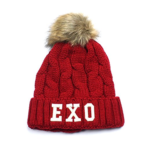 Fanstown Kpop EXO Logo Thicken Women Yard Beanie 3D Embroidery Knit Beanie Fuzzy Ball Hat With lomo Cards (EXO Red)