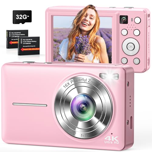 Digital Camera, 4K 64MP Cameras for Photography, Small Compact Point and Shoot Digital Camera with Auto Focus, Dual Camera, Flash, 16X Zoom, 32GB Card, Vlogging Camera for Teens,Boys, Girls
