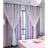 Yancorp Room Darkening Blackout Curtains with Grommets Kids Lace Drapes Star Double Layer Window Panels with Tie Backs Bedroom Living Room (Pink Grey, W52 X 84