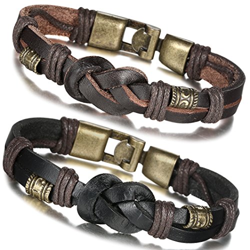 FIBO STEEL.Vintage Alloy Braided Leather Bracelet for Men Wrist Rope, 2 Pcs a Set 8.5 inches