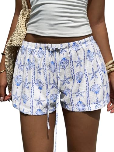 WDIRARA Women's Boho Seashell Starfish Print Mini Shorts Drawstring Waist Vacation Shorts Blue Small at Amazon