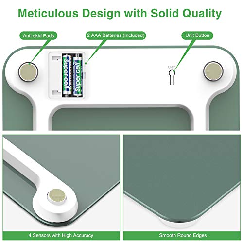 1byone Digital Scales for Body Weight, Bathroom Scales with Step-on Technology, Backlit Display, High Accuracy 0.1lb, 400 Pounds,Tape Measure and Batteries Included, Light Green