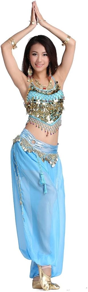 ZLTdream Lady's Belly Dance Chiffon Banadge Top and Lantern Coins Pants Light Blue, One Size: Clothing