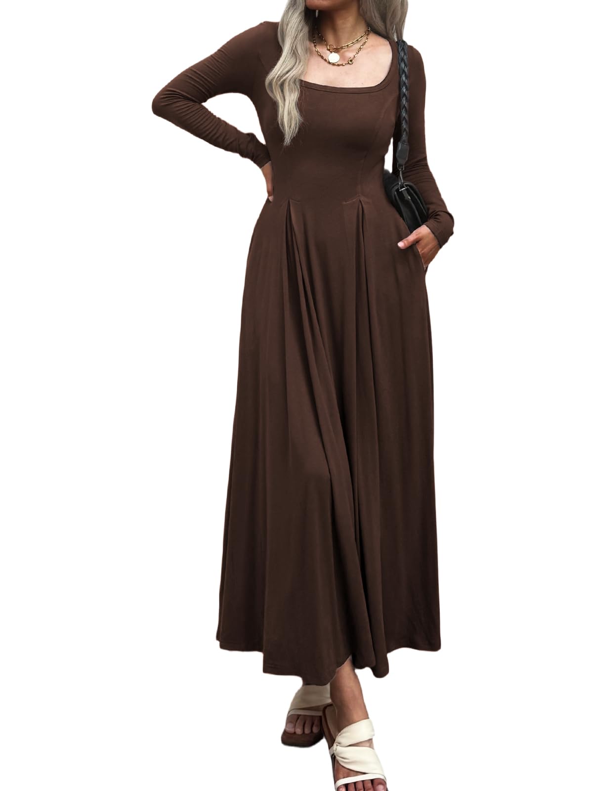 Mieazom Women Long Sleeve Square Neck Maxi Dress A-Line Pleated Flowy Elegant Party Cocktail Winter Fall Dresses with Pockets Brown S