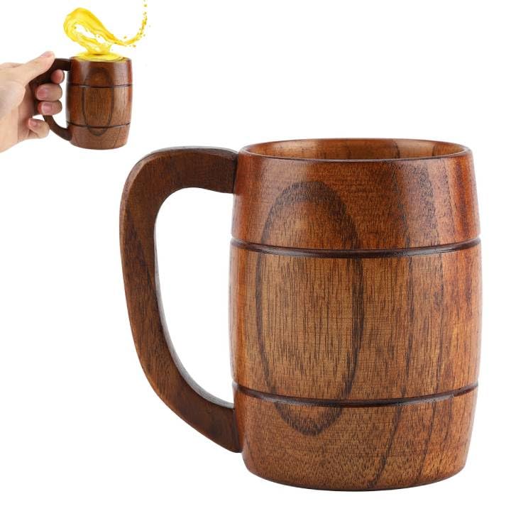 Leinggg Natural Wood Beer Mug with Handle, Natural Wood Beer Mug Wooden Drinking Cup with Handle for Oktoberfest Beerfest, Home, Office
