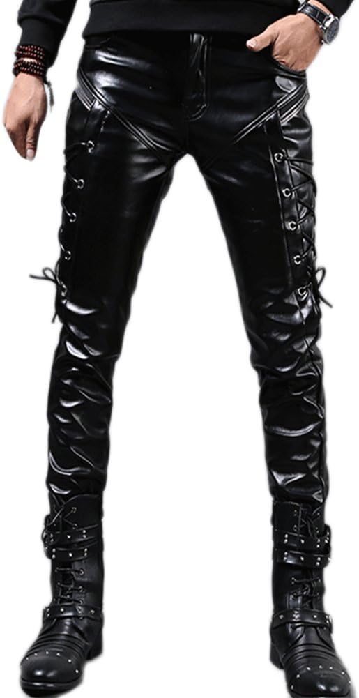 Idopy Men`s Rock Steampunk Lace Up PU Leather Pants Slim Fit Trousers