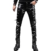 Idopy Men`s Rock Steampunk Lace Up PU Leather Pants Slim Fit