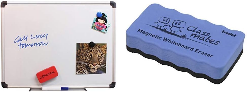 Cathedral Whiteboard Drywipe Magnetic with Pen Tray and Aluminium Trim (30x45cm) &Trodat Classmates Magnetic Eraser - Blue