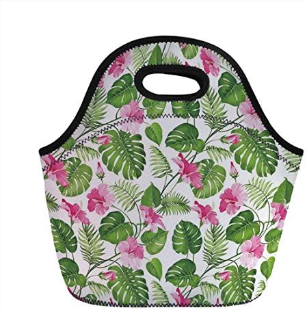 Portable Bento Lunch Bag,Leaf,Hawaiian Hibiscus Crystal Pink Flower with Palm Tree Leaves Art Print,Light Pink and Dark Green,for Kids Adult Thermal Insulated Tote Bags