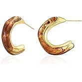 Hypoallergenic Amber Crystal Hoop Earrings, Gold-Plated, Brown Marbled Design, Fashion Jewelry for Women