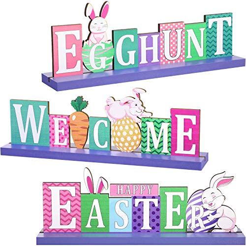 Sumind 3 Pieces Easter Wooden Table Centerpieces Decorations Egg Hunt