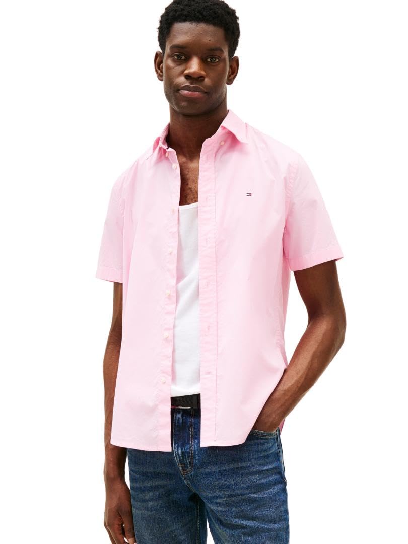Tommy Hilfiger Men’s Flex Poplin Regular Short Sleeve Shirts, Classic Pink Large
